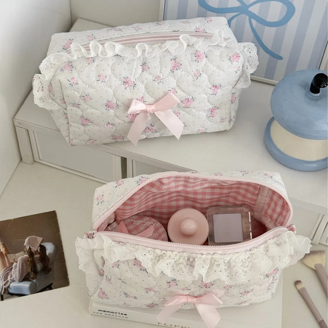 Pink Flower Women Lace Small Makeup Bag Travel Organizer Cosmetic Coins Handbag Pouch Gilrs Cute Bow Square Zipper Wallet Bags