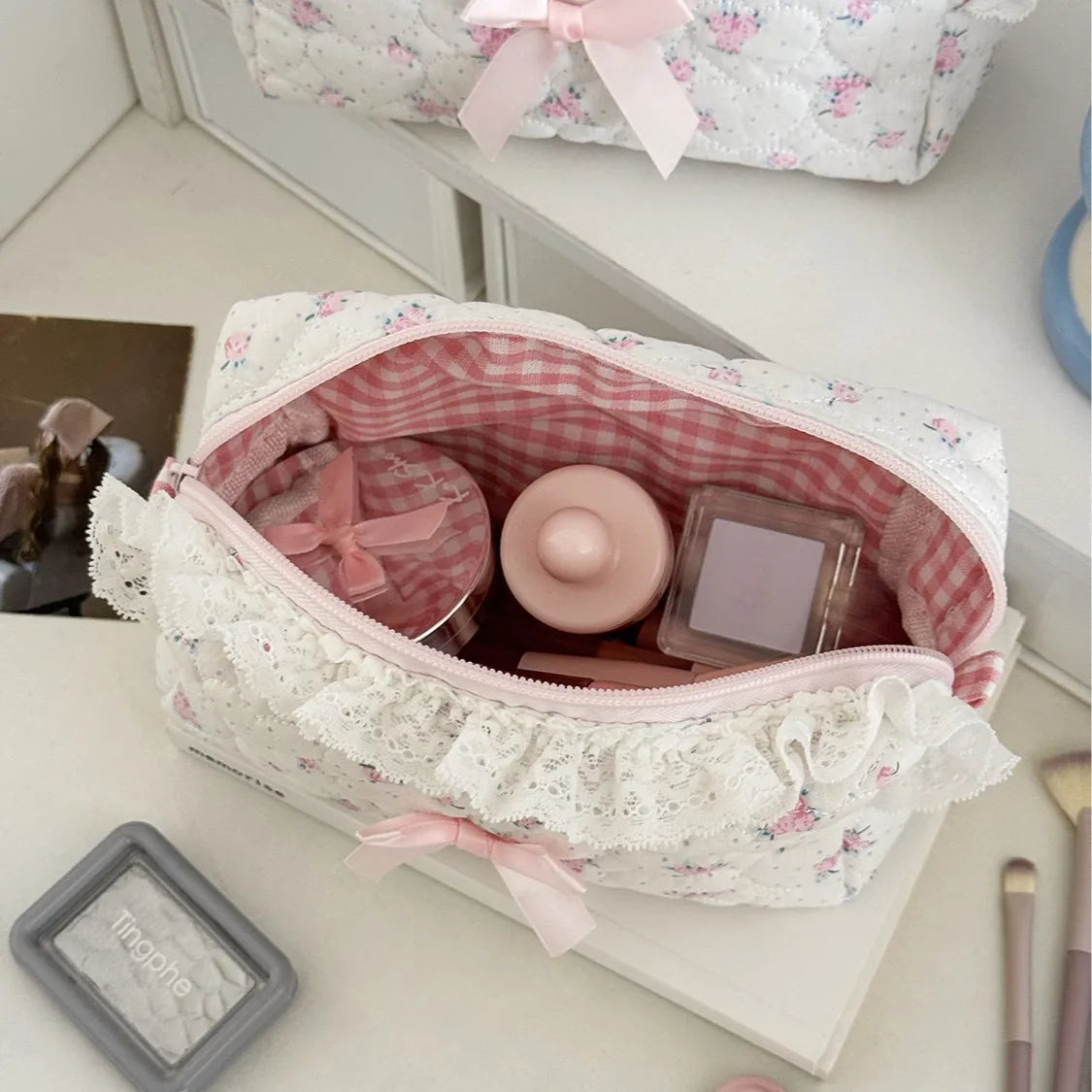 Pink Flower Women Lace Small Makeup Bag Travel Organizer Cosmetic Coins Handbag Pouch Gilrs Cute Bow Square Zipper Wallet Bags