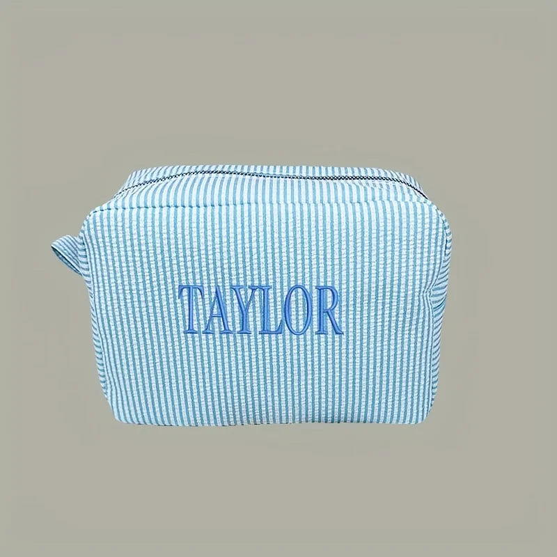 Embroidered Striped Makeup Bag - Personalized Cosmetic Case Stylish Beauty Pouch Perfect Bridesmaid Gift for Wedding Celebration