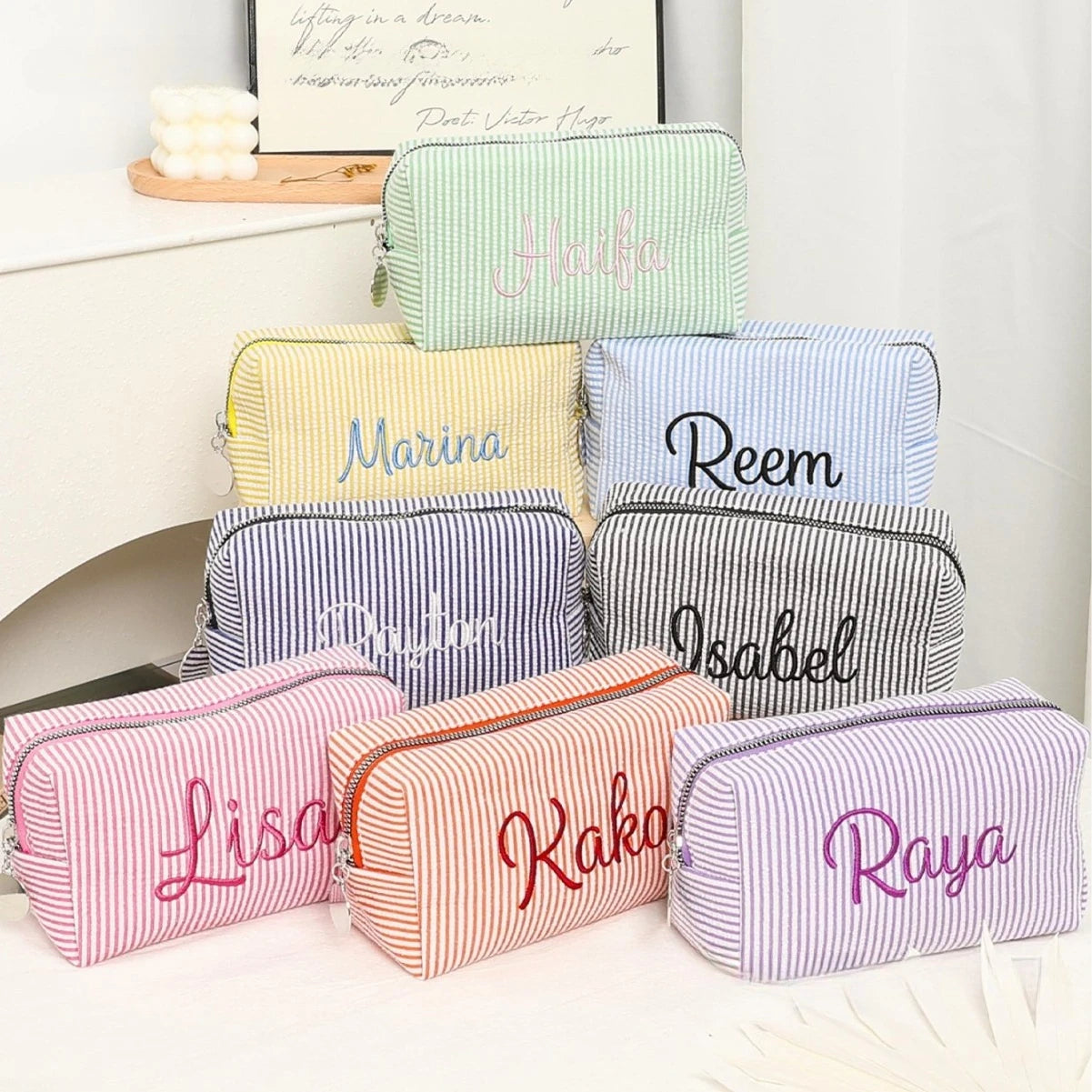 Embroidered Striped Makeup Bag - Personalized Cosmetic Case Stylish Beauty Pouch Perfect Bridesmaid Gift for Wedding Celebration