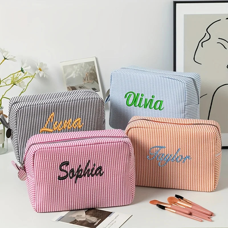 Embroidered Striped Makeup Bag - Personalized Cosmetic Case Stylish Beauty Pouch Perfect Bridesmaid Gift for Wedding Celebration